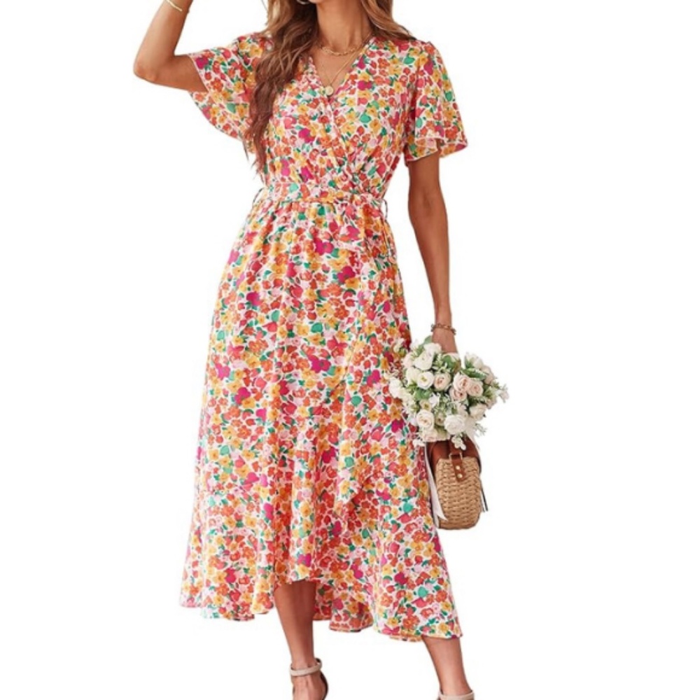 Pink, Orange, & Green Floral Flowy Maxi Dress - XXL - PRETTYGARDEN
